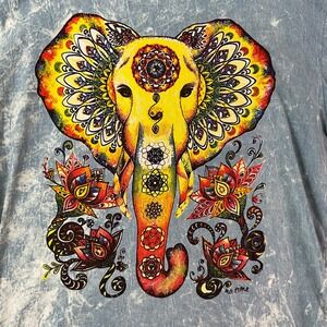 Kathmandu Imports Elephant Graphic T Shirt Mens XL Blue Acid Wash Excellent Boho